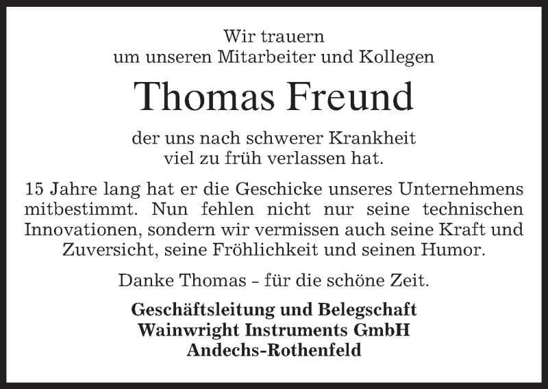 Thomas Freund Krankheit